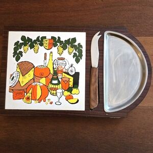 Wooden cheese board vintage colorful kitchen collector piece with knife